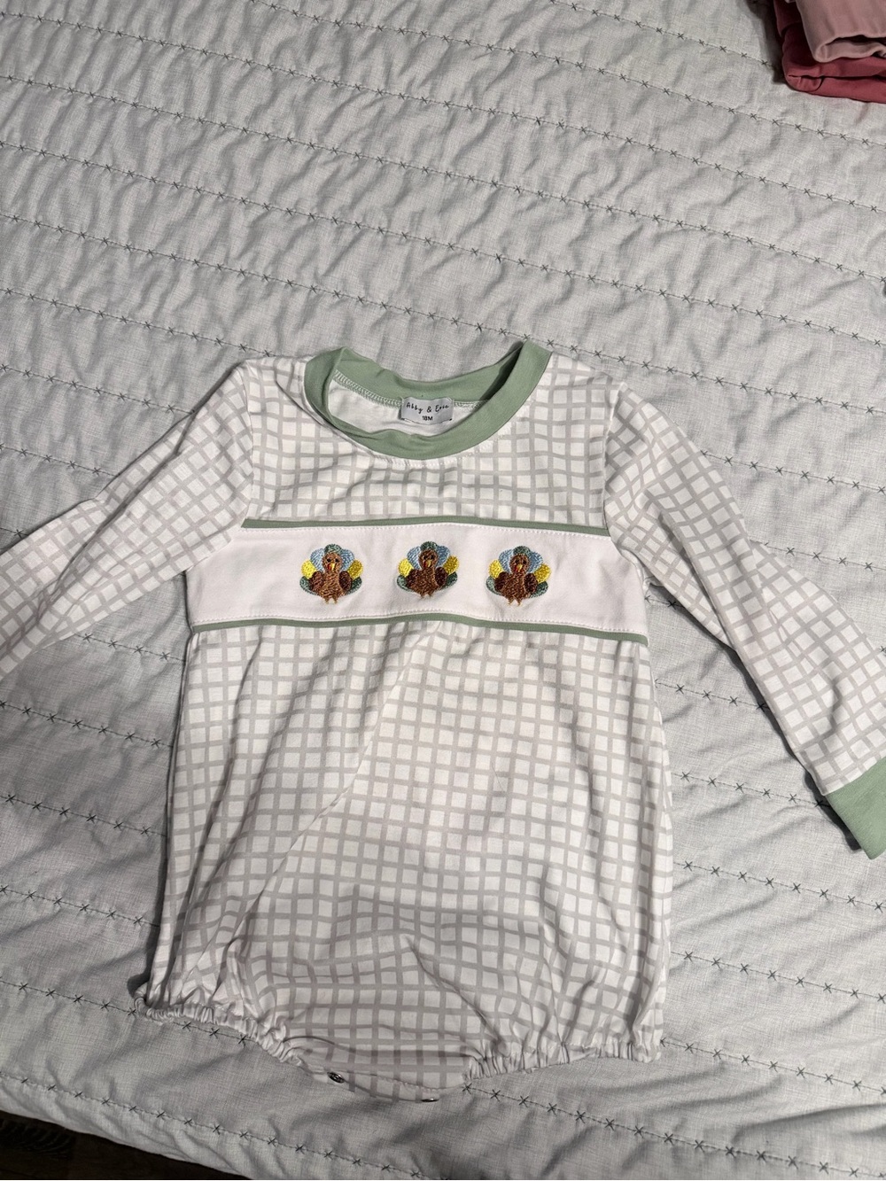 Embroidered Turkey Smocked Bubble Romper - Light Green Trim
